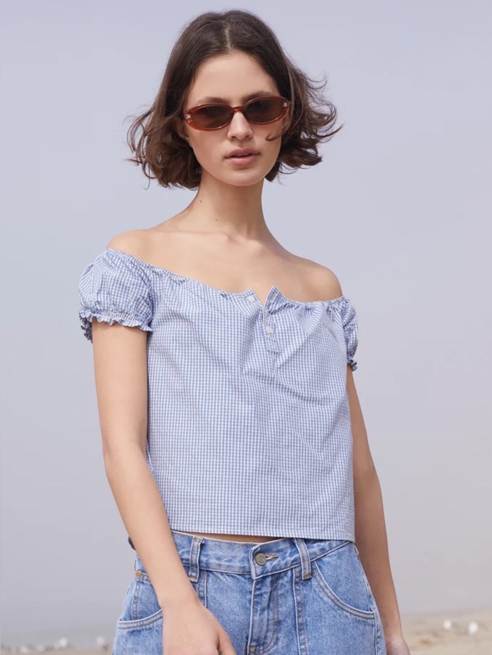 Brandy Melville John Galt Clarisse Blue & White Gingham Off the Shoulder Top OS - Picture 3 of 7